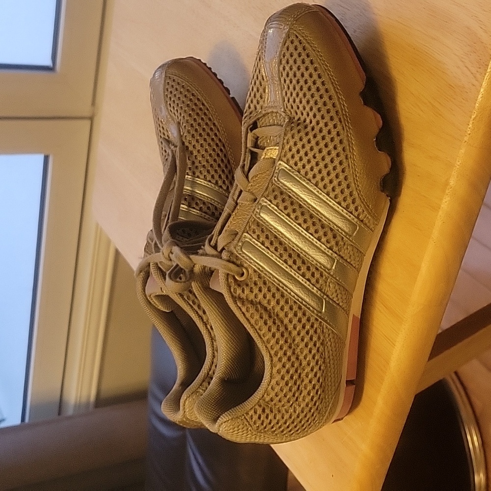 Adidas Joggers.  Label shows US size 8. Gold with silver trim.